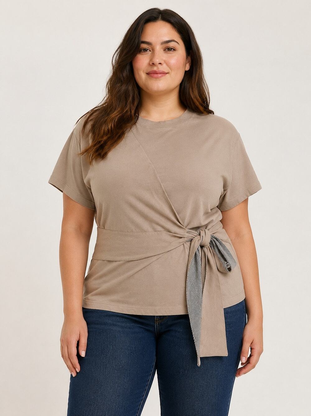 All:Row Taupe Wrap Tie Short-Sleeve Cotton Top Striped Sash
